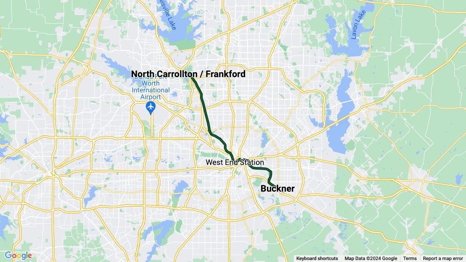 Dallas linje Grøn: North Carrollton / Frankford - Buckner linjekort
