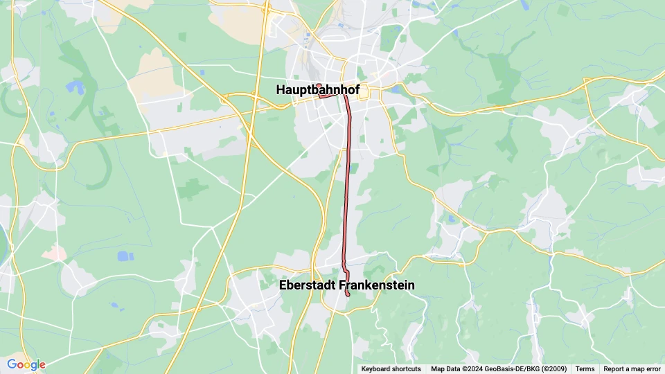 Darmstadt ekstralinje 1: Eberstadt Frankenstein - Hauptbahnhof linjekort