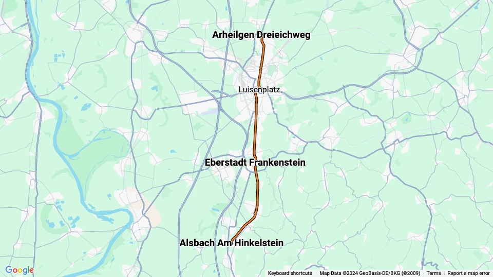 Darmstadt hurtiglinje 6: Alsbach Am Hinkelstein - Arheilgen Dreieichweg linjekort