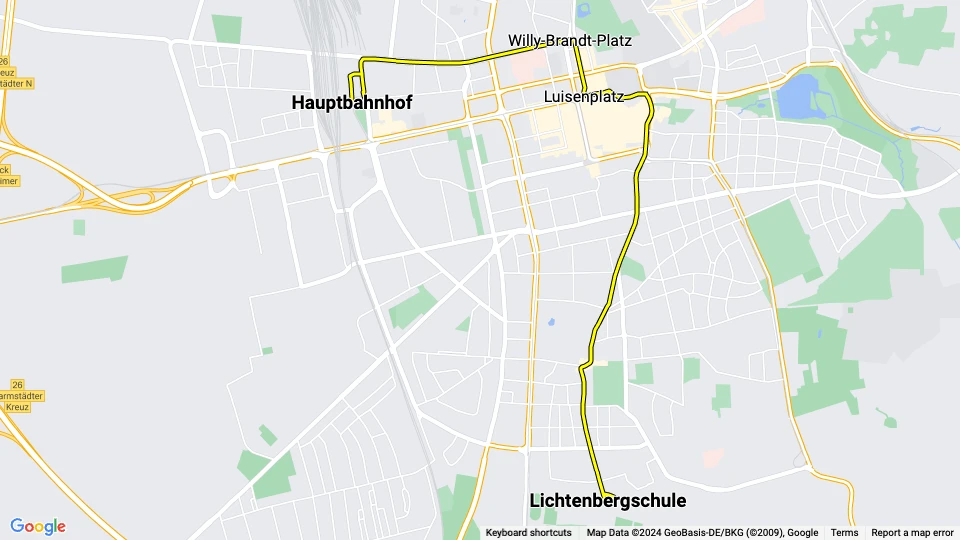 Darmstadt sporvognslinje 3: Hauptbahnhof - Lichtenbergschule linjekort
