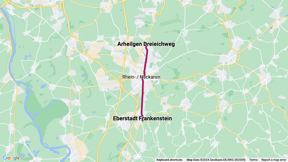 Darmstadt sporvognslinje 7: Arheilgen Dreieichweg - Eberstadt Frankenstein linjekort