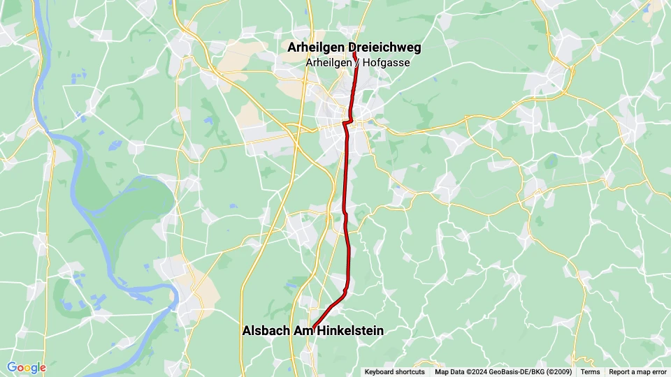Darmstadt sporvognslinje 8: Arheilgen Dreieichweg - Alsbach Am Hinkelstein linjekort