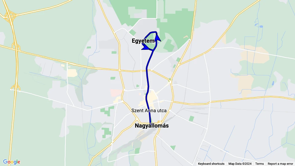 Debrecen sporvognslinje 1: Nagyállomás - Egyetem linjekort