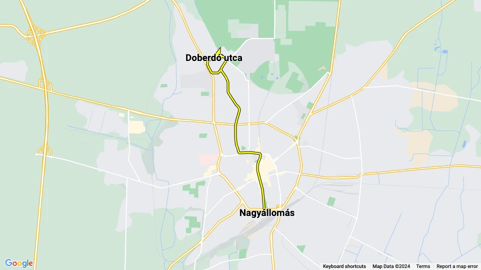 Debrecen sporvognslinje 2: Nagyállomás - Doberdó utca linjekort