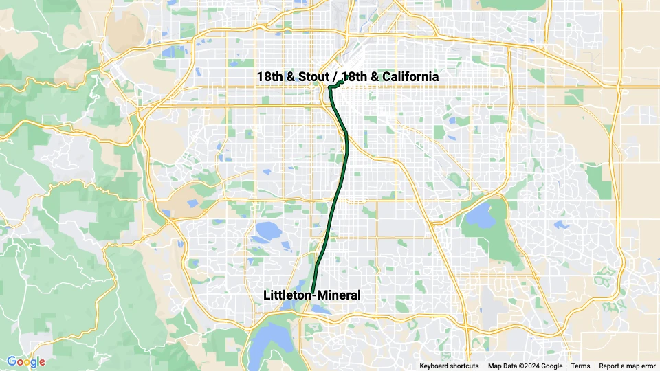 Denver sporvognslinje D: Littleton-Mineral - 18th & Stout / 18th & California linjekort