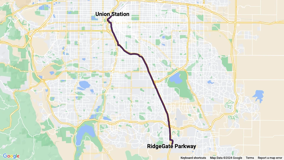 Denver sporvognslinje E: Union Station - RidgeGate Parkway linjekort