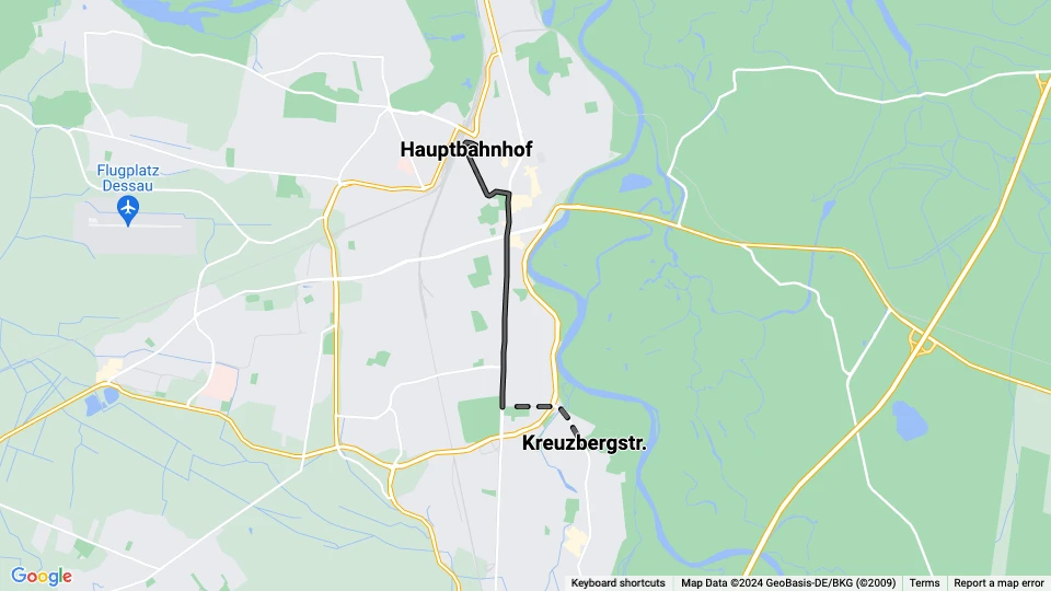 Dessau sporvognslinje 2: Hauptbahnhof - Kreuzbergstr. linjekort