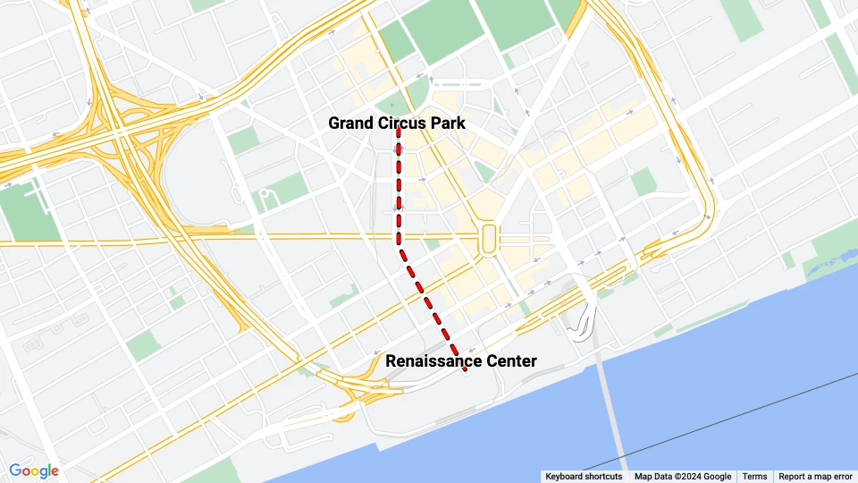 Detroit Citizens Railway: Renaissance Center - Grand Circus Park linjekort