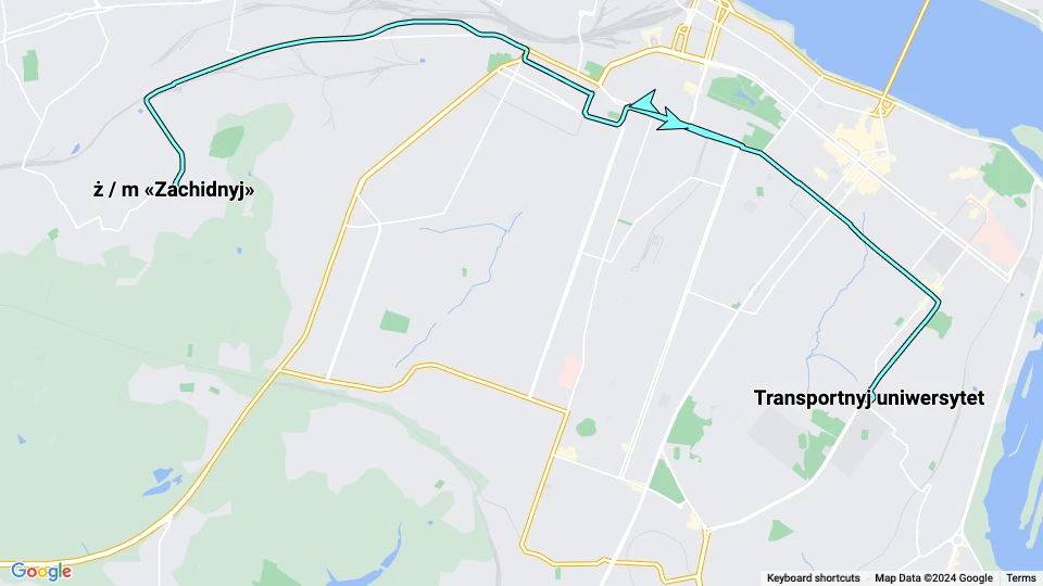 Dnipro sporvognslinje 5: ż / m «Zachidnyj» - Transportnyj uniwersytet linjekort