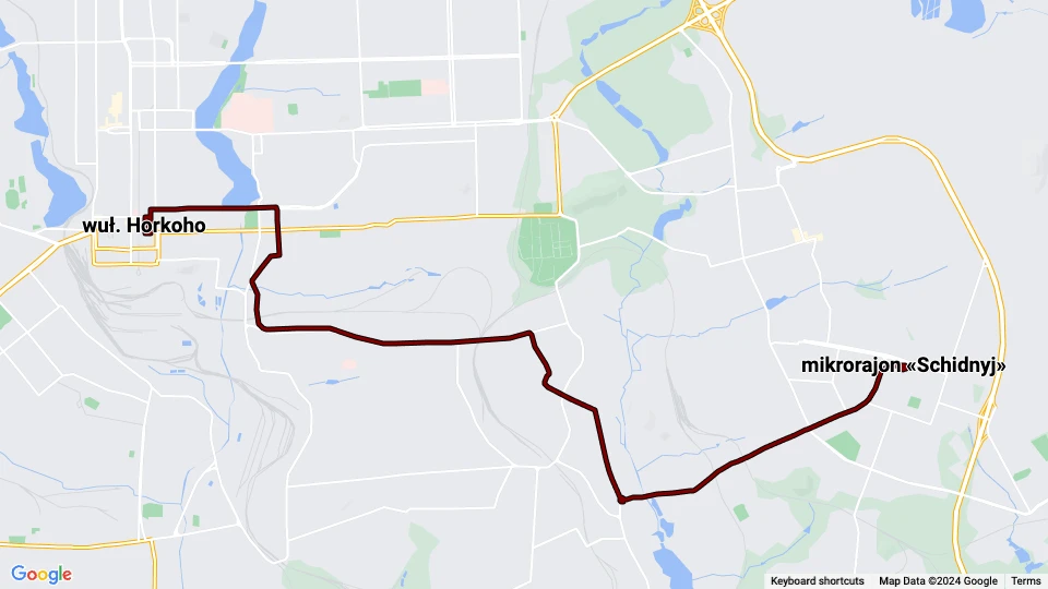 Donetsk sporvognslinje 10: wuł. Horkoho - mikrorajon «Schidnyj» linjekort