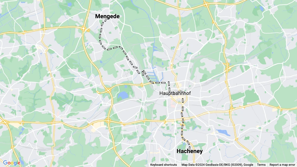 Dortmund sporvognslinje 405: Mengede - Hacheney linjekort
