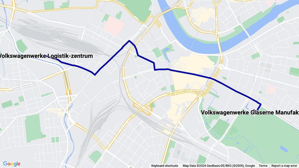 Dresden CarGoTram: Volkswagenwerke Logistik-zentrum - Volkswagenwerke Gläserne Manufaktur linjekort