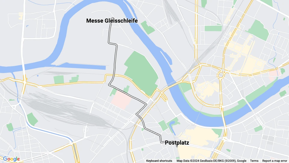 Dresden lejlighedslinje 20: Postplatz - Messe Gleisschleife linjekort