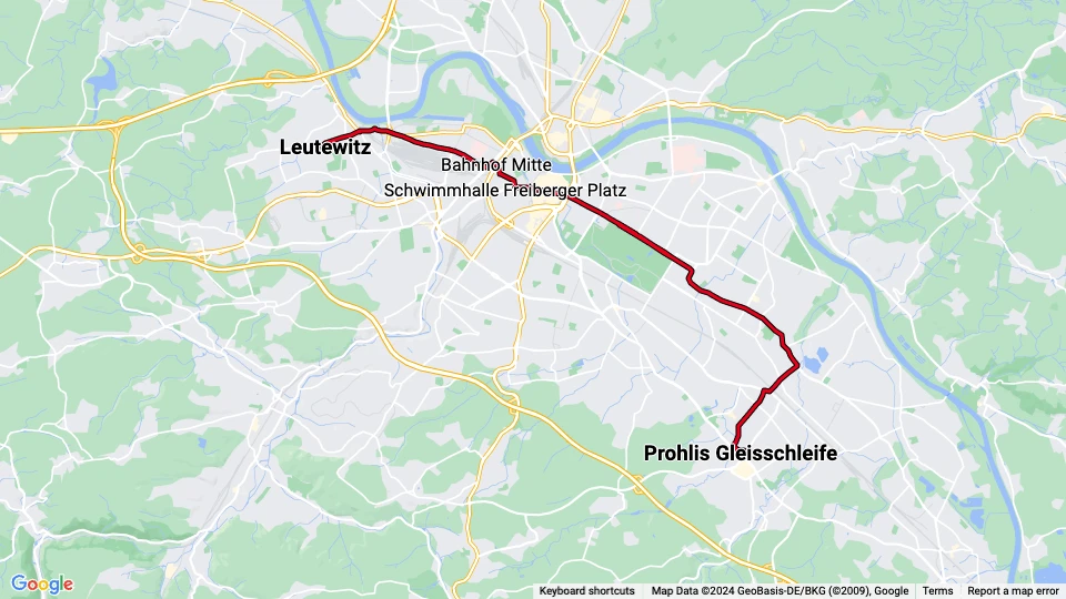 Dresden sporvognslinje 1: Leutewitz - Prohlis Gleisschleife linjekort