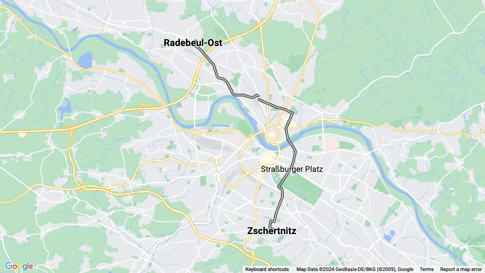 Dresden sporvognslinje 16: Zschertnitz - Radebeul-Ost linjekort