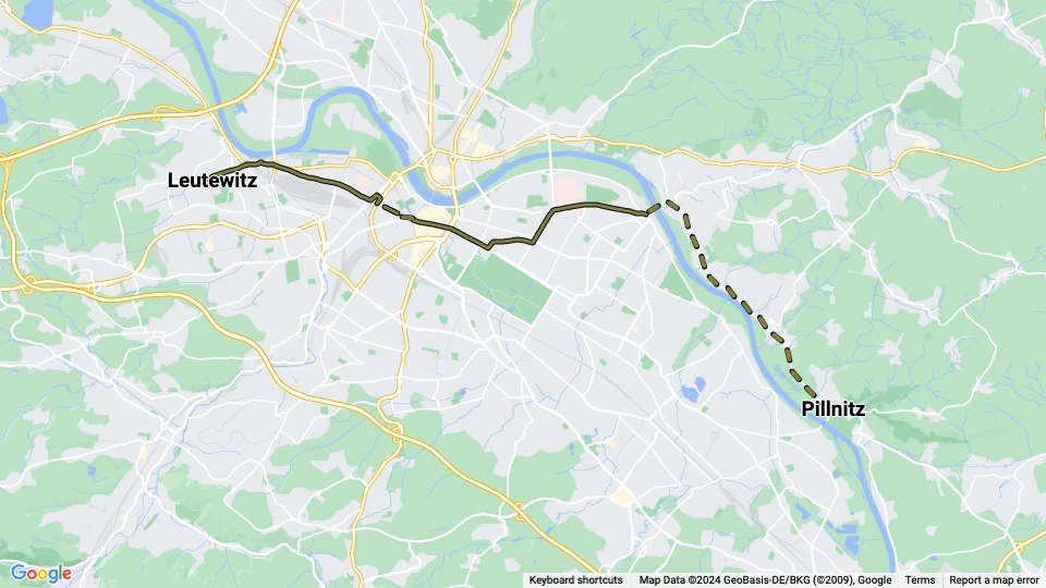 Dresden sporvognslinje 18: Leutewitz - Pillnitz linjekort