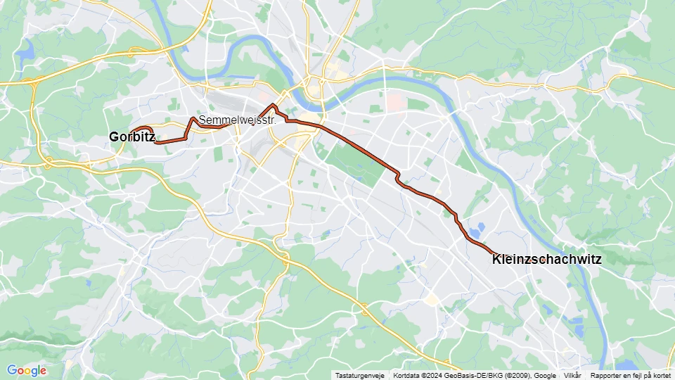 Dresden sporvognslinje 2: Kleinzschachwitz - Gorbitz linjekort