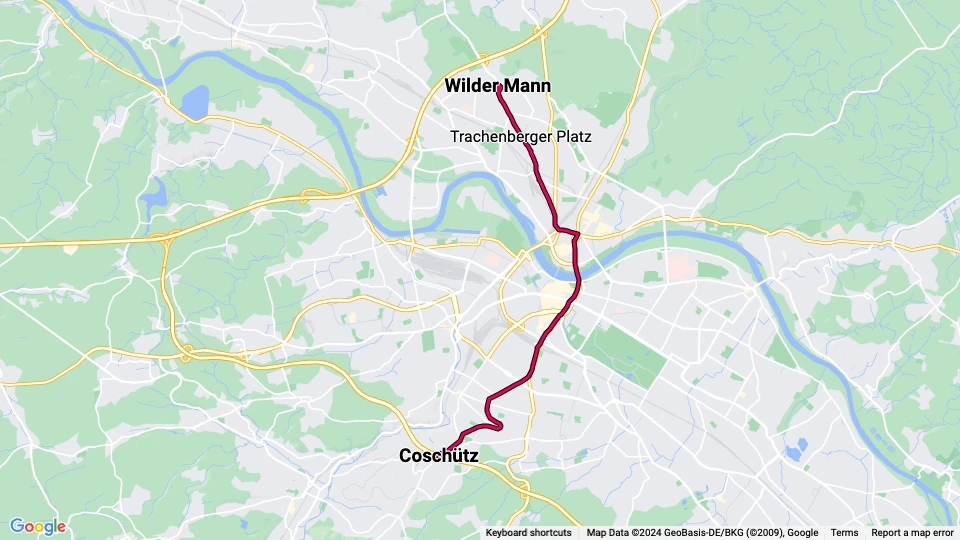 Dresden sporvognslinje 3: Coschütz - Wilder Mann linjekort