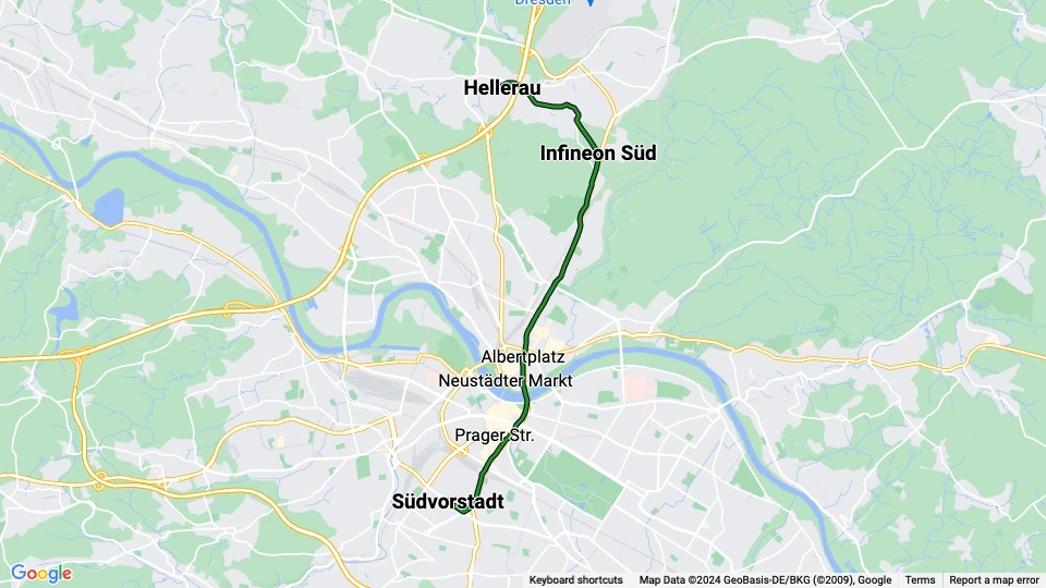 Dresden sporvognslinje 8: Hellerau - Südvorstadt linjekort