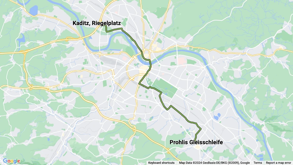 Dresden sporvognslinje 9: Prohlis Gleisschleife - Kaditz, Rigelplatz linjekort