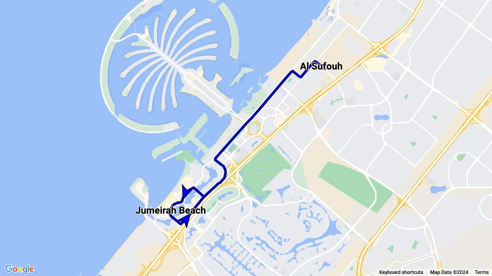 Dubai sporvognslinje 1: Al Sufouh - Jumeirah Beach linjekort