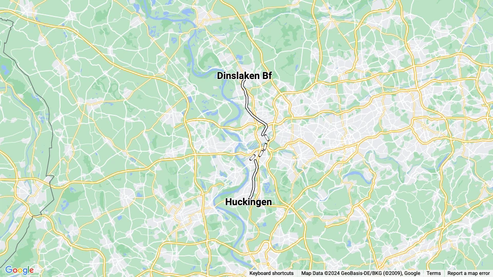 Duisburg sporvognslinje 909: Dinslaken Bf - Huckingen linjekort