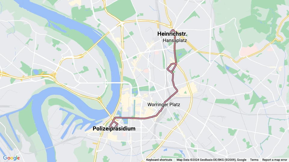 Düsseldorf ekstralinje 708: Heinrichstr. - Polizeipräsidium linjekort
