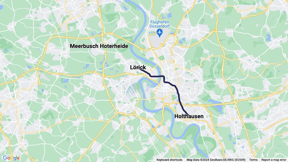 Düsseldorf ekstraregionallinje U74 linjekort