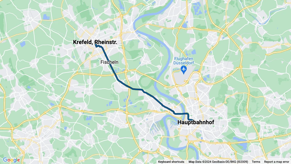 Düsseldorf ekstraregionallinje U76: Hauptbahnhof - Krefeld, Rheinstr. linjekort