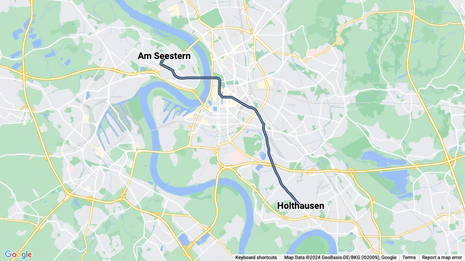 Düsseldorf ekstraregionallinje U77: Am Seestern - Holthausen linjekort