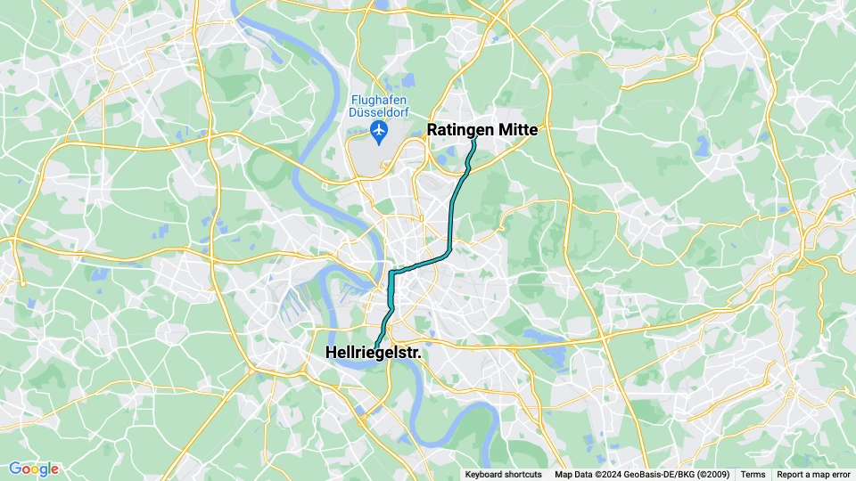 Düsseldorf regionallinje U72: Ratingen Mitte - Hellriegelstr. linjekort