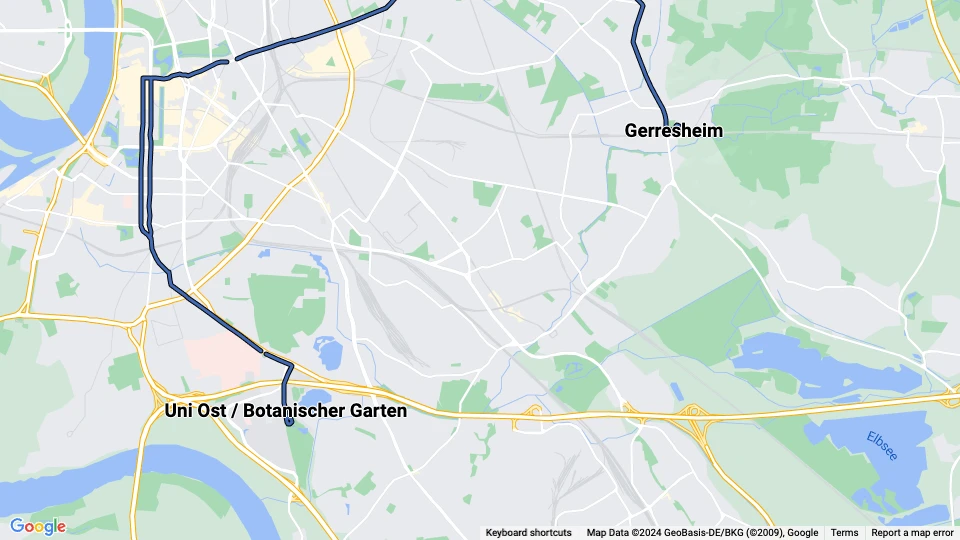 Düsseldorf regionallinje U73: Uni Ost / Botanischer Garten - Gerresheim linjekort