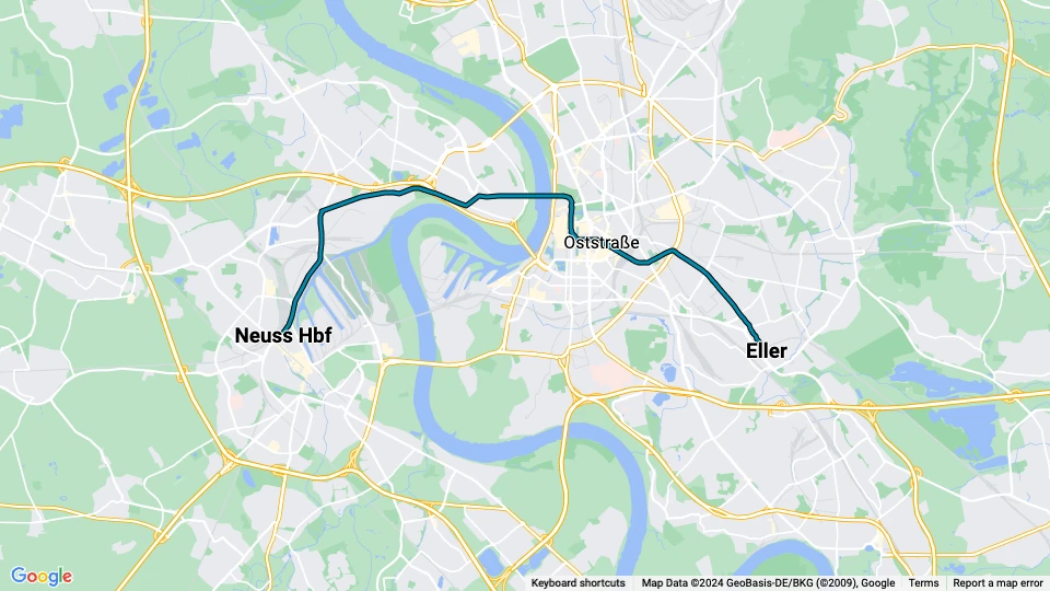 Düsseldorf regionallinje U75: Neuss Hbf - Eller linjekort