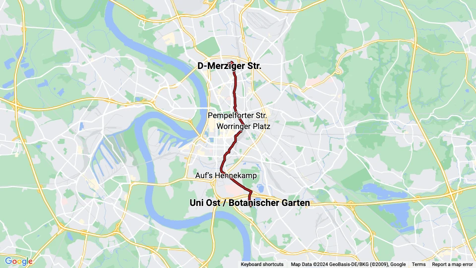 Düsseldorf sporvognslinje 704: D-Merziger Str. - Uni Ost / Botanischer Garten linjekort