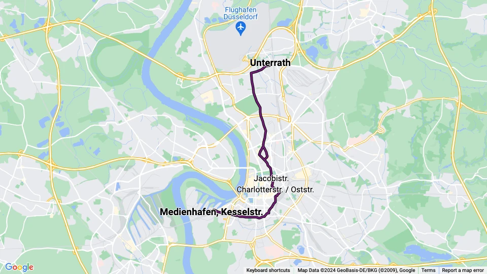 Düsseldorf sporvognslinje 707: Unterrath - Medienhafen, Kesselstr. linjekort