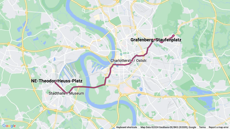 Düsseldorf sporvognslinje 709: Gerresheim, Krankenhaus - NE-Theodor-Heuss-Platz linjekort