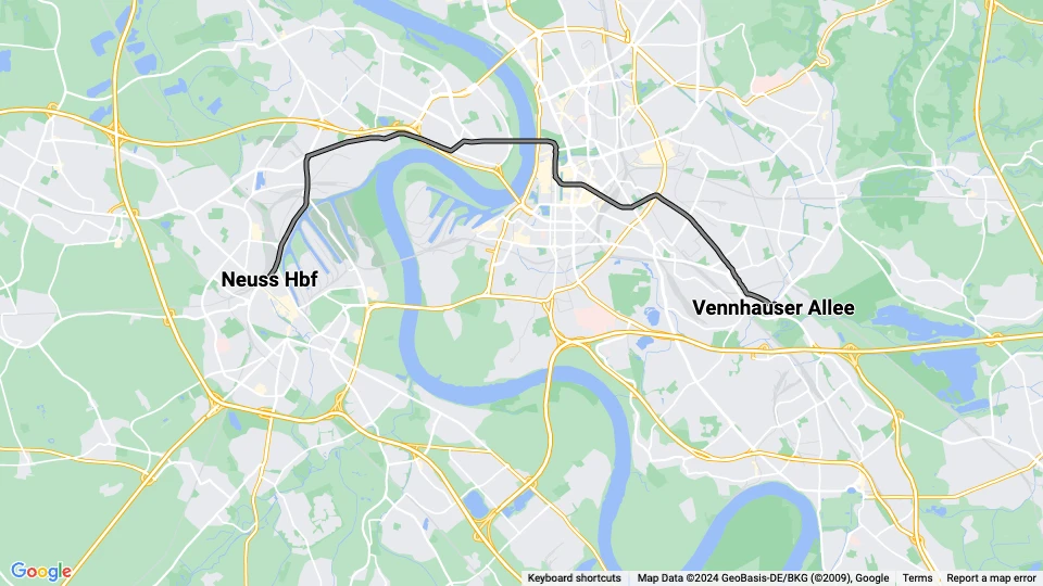 Düsseldorf sporvognslinje 715: Neuss Hbf - Vennhauser Allee linjekort