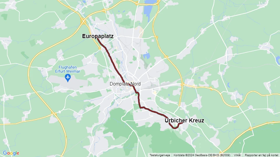 Erfurt sporvognslinje 3: Europaplatz - Urbicher Kreuz linjekort