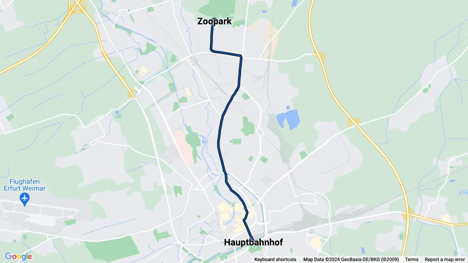 Erfurt sporvognslinje 5: Zoopark - Hauptbahnhof linjekort