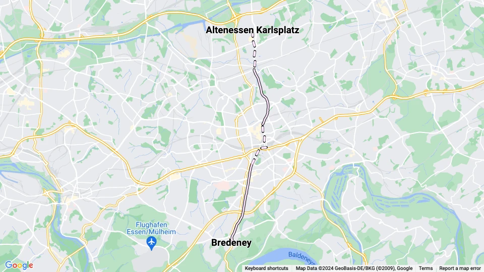 Essen sporvognslinje 2: Bredeney - Altenessen Karlsplatz linjekort