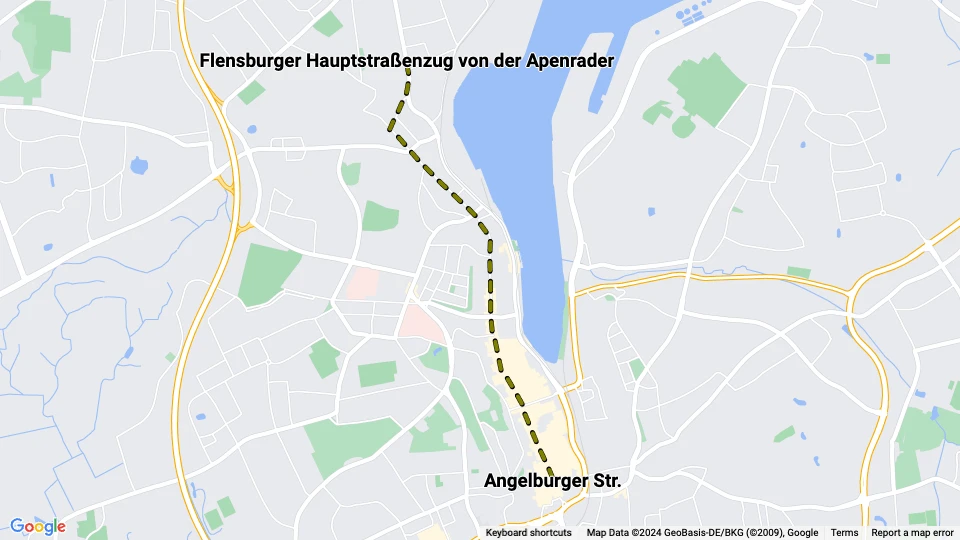 Flensborg hestesporvognslinje: Angelburger Str. - Flensburger Hauptstraßenzug von der Apenrader linjekort