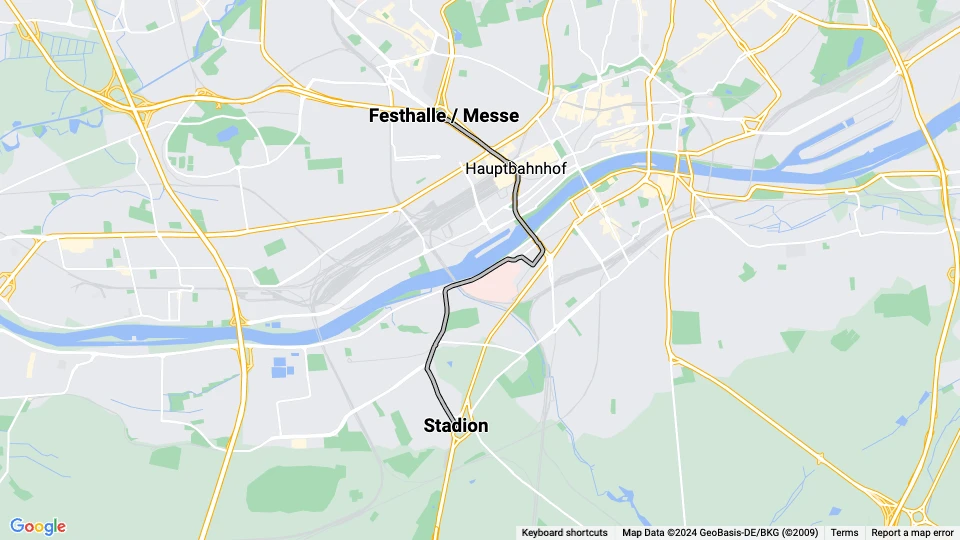 Frankfurt am Main ekstralinje V: Festhalle / Messe - Stadion linjekort