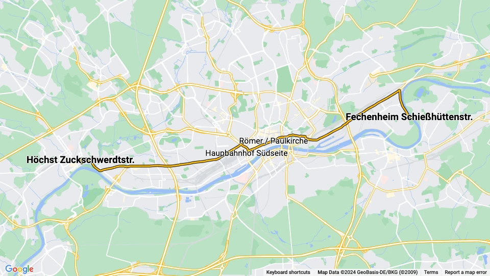 Frankfurt am Main sporvognslinje 11: Höchst Zuckschwerdtstr. - Fechenheim Schießhüttenstr. linjekort