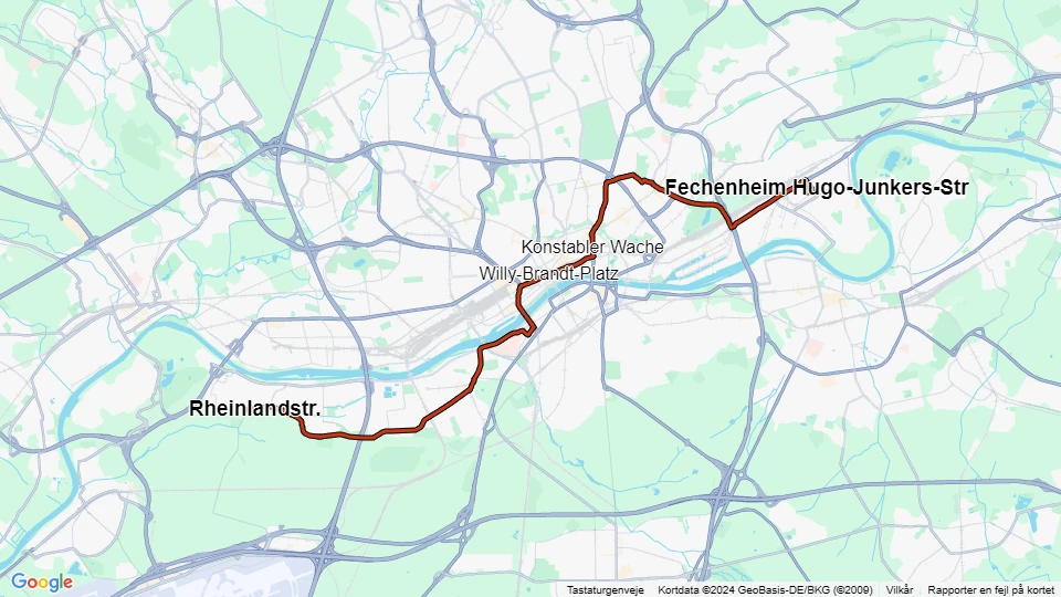 Frankfurt am Main sporvognslinje 12: Rheinlandstr. - Fechenheim Hugo-Junkers-Str linjekort