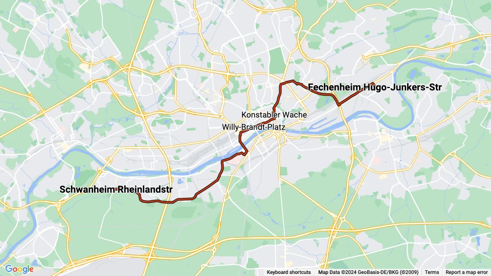 Frankfurt am Main sporvognslinje 12: Schwanheim Rheinlandstr - Fechenheim Hugo-Junkers-Str linjekort