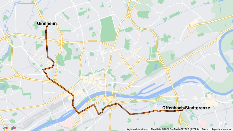 Frankfurt am Main sporvognslinje 16: Offenbach Stadtgrenze - Ginnheim linjekort