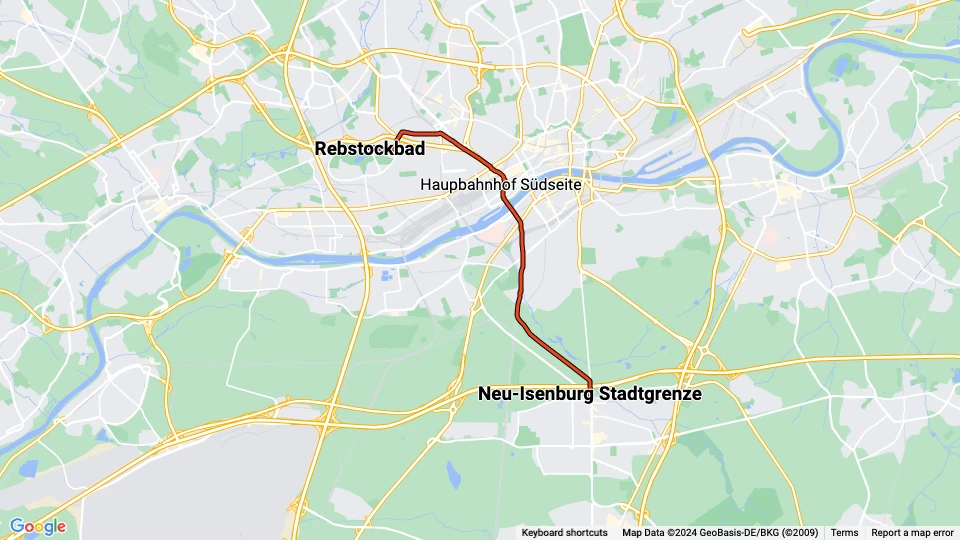 Frankfurt am Main sporvognslinje 17: Rebstockbad - Neu-Isenburg Stadtgrenze linjekort