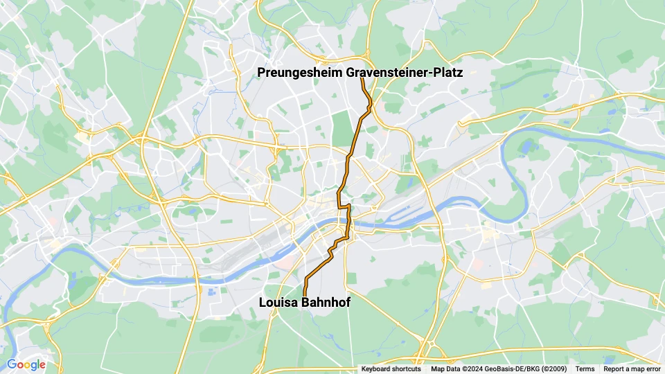 Frankfurt am Main sporvognslinje 18: Preungesheim Gravensteiner-Platz - Louisa Bahnhof linjekort
