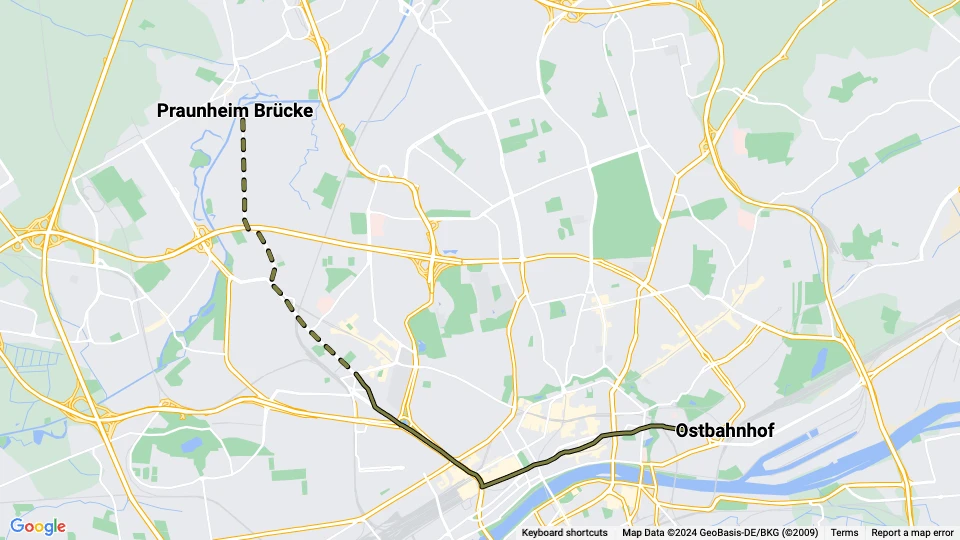 Frankfurt am Main sporvognslinje 6: Praunheim Brücke - Ostbahnhof linjekort