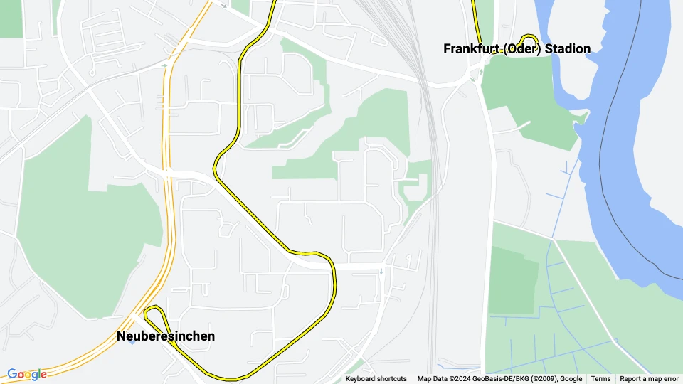 Frankfurt (Oder) sporvognslinje 1: Neuberesinchen - Frankfurt (Oder) Stadion linjekort